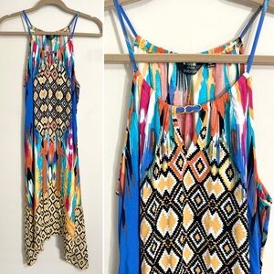 MLLE GABRIELLE Sleeveless Asymmetrical Midi Multicolor Boho Abstract Dress Large